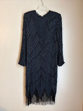 Vintage 80’s Carina Size L 100% Silk Beaded Party Dress Black Cocktail Holiday